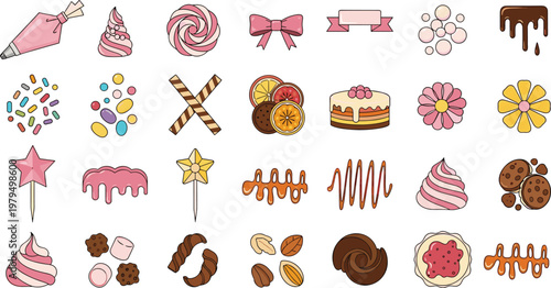 Dessert and Sweets Vector Set with Candy Cake Cookies and Bakery Decorations