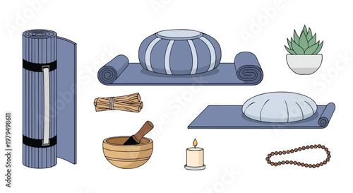 Yoga and meditation equipment set with blue rolled mats, zafu cushions, singing bowl and incense. Mindfulness wellness collection for zen studio practice and home relaxation. isolated PNG with