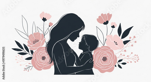 Mother and child in love embrace surrounded by beautiful pink flowers and leaves on white background