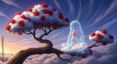 A whimsical ethereal spirit sitting on a cloud branch of a tree made of roses, eating a pink ice cream cone at sunset

