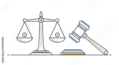 Law and justice symbols scales and gavel on desk representing fairness and judgment in a legal setting