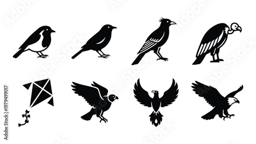 A collection of black silhouette birds and flying objects against a plain white background showcasing various avian forms high quality professional