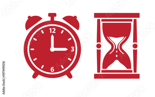 Red alarm clock and hourglass on white background, time