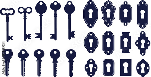 Vintage skeleton keys and antique keyhole silhouettes, set of 22 vector elements, decorative ornate door hardware and lock icons for graphic design