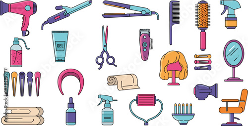 Hair Salon Tools Vector Set with Hairdryer Scissors Comb Brush and Styling Equipment