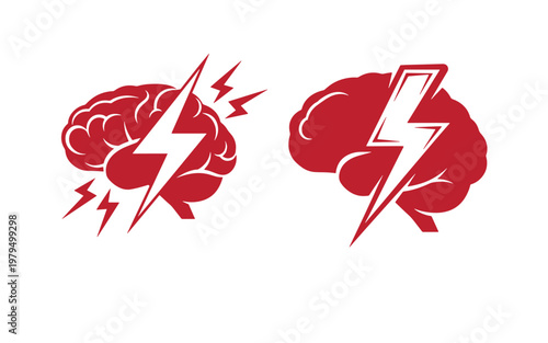 Red brain with lightning bolts, shock and electricity symbols