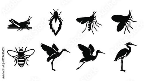 A collection of black silhouette icons depicting various insects and birds including grasshoppers bees and herons high quality professional detailed modern