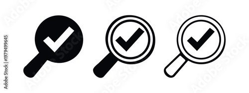 Three Checkmark Icons within Magnifying Glass: Solid Black, Outline with Circle, and Thin Outline