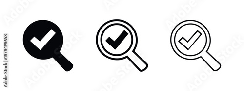 Three Checkmark Icons within Magnifying Glass: Solid Black, Outline with Circle, and Thin Outline