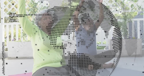 Senior friends heeding breathing cue and flowing through yoga for health with animated breath icons