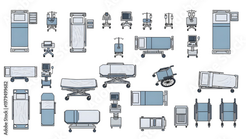Top View Hospital Furniture and Medical Equipment Vector Set Beds Stretchers Wheelchairs Medical Devices Clean Minimal Healthcare Floor Plan Design