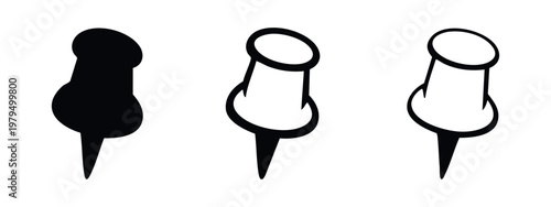 Set of 3 push pins: solid, outline with fill, and outline only
