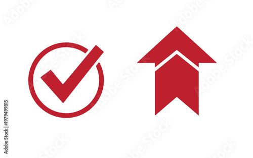 Red checkmark in a circle and upward arrow on white background, symbols