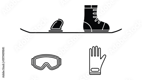 Snowboard Gear essentials: A monochrome silhouette of essential snowboarding gear, ready for carving down slopes and embracing the crisp mountain air.