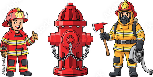 Firefighter Characters and Fire Hydrant Vector Illustration Set with Rescue Equipment, Emergency Services Design, Cartoon Style Safety Workers and Protection Elements
