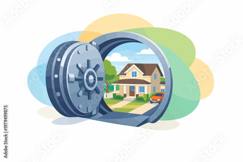 Bank Vault Door Opening to Reveal Secure House and Car