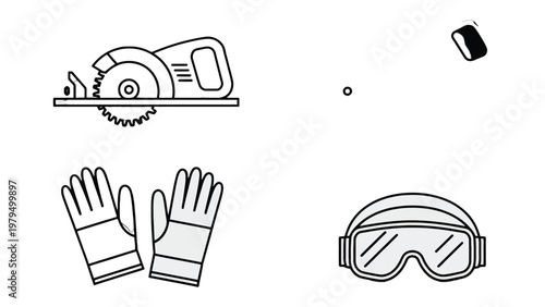 Safety First: Illustrative icons of essential tools for construction, a circular saw, safety glasses, safety gloves, and other tools, highlighting the importance of workplace safety and preparation.
