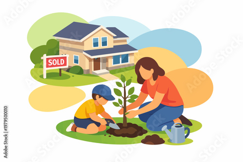 Family planting a tree in front of their newly purchased home