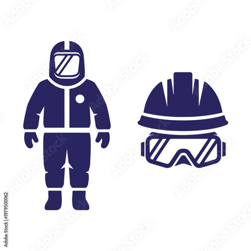 Dark blue hazmat suit and industrial helmet on white background, protective gear safety equipment