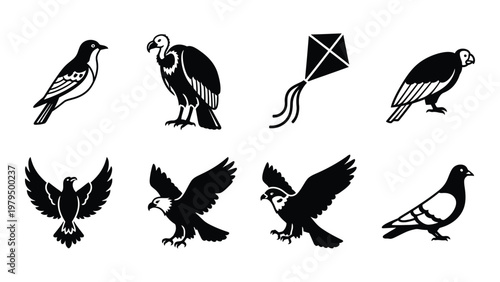 A collection of black and white avian icons including vultures eagles and pigeons alongside a simple kite illustration high quality professional