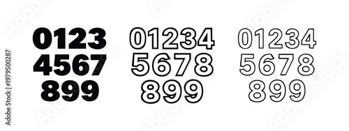 Numbers 0-9 in three styles: solid black, outlined, and thin outlined