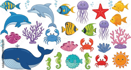 Colorful Underwater Sea Animals Vector Illustration Set with Fish, Dolphin, Whale, Crab, Jellyfish, Coral, and Ocean Life Cartoon Collection