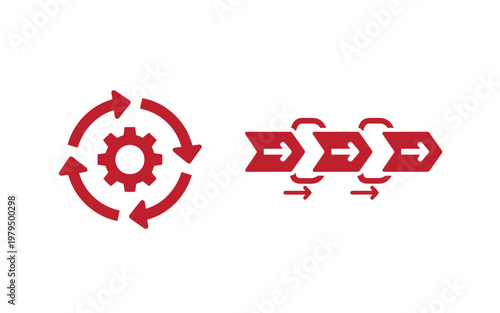 Red gear and arrow workflow on white background, arrows circular motion