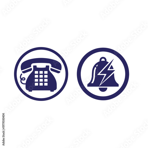 Dark blue rotary phone and ringing bell with lightning, in circles telephone