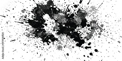 Black ink splatter on a white background with varying opacity and droplet sizes creating a chaotic abstract pattern of dark liquid stains and small circular spots scattered across the surface