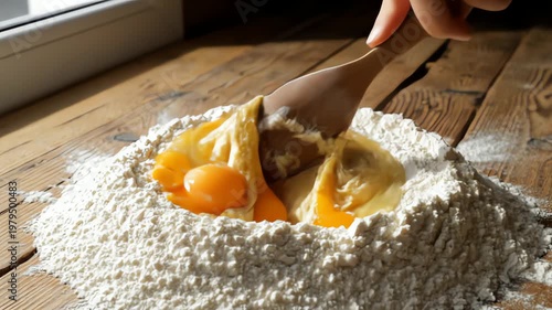 Celebrating Egg Day with a person mixing flour and eggs on a wooden table indoors.