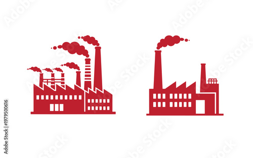 Red industrial factory silhouettes with smokestacks and smoke, on white background, pollution