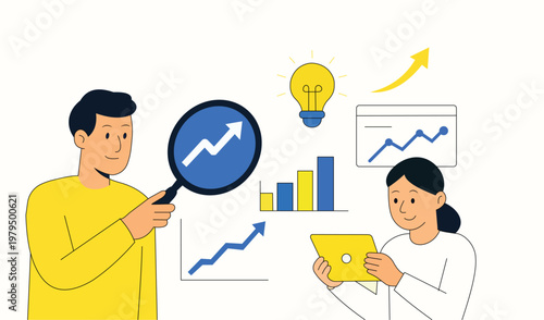 Business data analysis and financial growth concept with team using magnifying glass and digital tablet flat vector illustration.