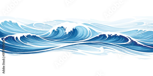 Stylized blue ocean waves with white foam crests flowing in a horizontal pattern against a solid white background