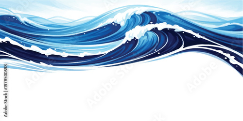 Stylized blue ocean wave with white foam crests and flowing water currents on a clean white background for a dynamic liquid banner