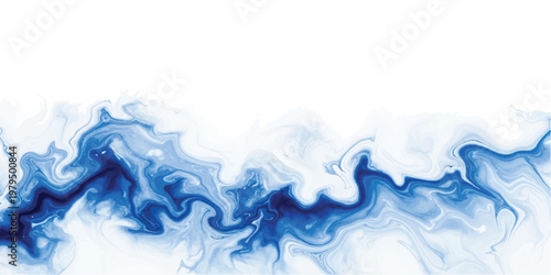 Abstract blue and white liquid marble texture with swirling paint patterns creating a horizontal wave effect against a clean white background