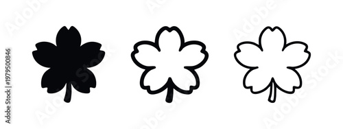 Four-leaf clover icon set, solid black, outline, and double outline
