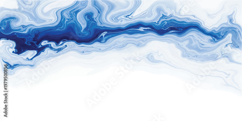 Swirling liquid paint texture with deep blue and light blue pigments blending into a white background creating a fluid marble effect with organic curves and smooth gradients across the horizontal