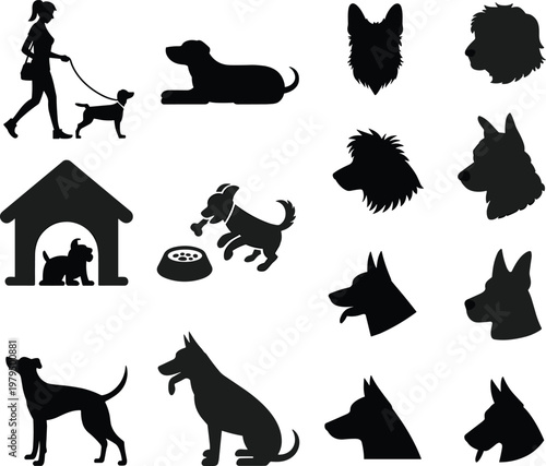 Dog silhouettes, walking pet owner, canine poses, black outline heads, diverse breed profiles, vector design, animal concept art, shadow style