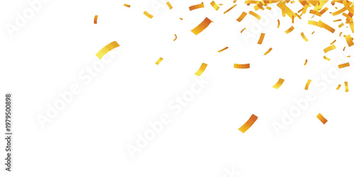 Scattered gold confetti pieces falling from the right corner isolated on a white background with metallic gradient texture and rectangular shapes