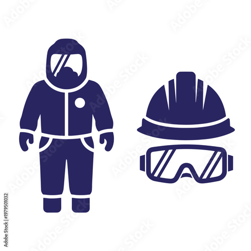 Navy blue hazmat suit, hard hat, and goggles on white background, protective gear safety equipment
