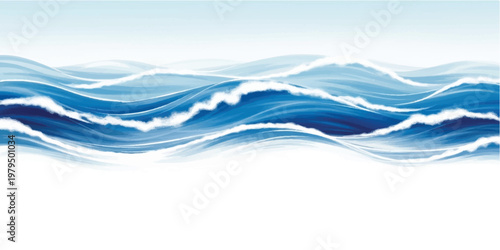Blue ocean waves with white foam crests flowing horizontally across a white background in a stylized style with smooth gradients and layered liquid curves