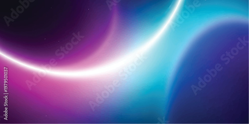 Abstract background with glowing curved light beams in vibrant shades of magenta purple and cyan blue creating a soft gradient effect with a dark circular void on the left side