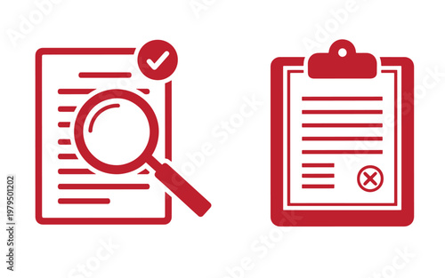 Red of approved and rejected documents with magnifying glass and clipboard red approved document checkmark