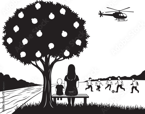 Black and white, vector illustration, woman and child sitting under tree, kids playing soccer, helicopter flying overhead
