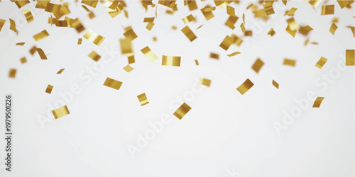 Falling gold rectangular confetti pieces scattered against a plain white background with soft focus depth of field effect
