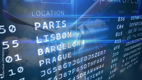 Hand and forearm swiping departures HUD, revealing cities and updating gate status for airport tech