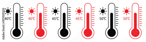 Hot temperature icons with thermometers and sun symbols for summer weather heat waves at forty forty-five and fifty degrees celsius isolated on white background.