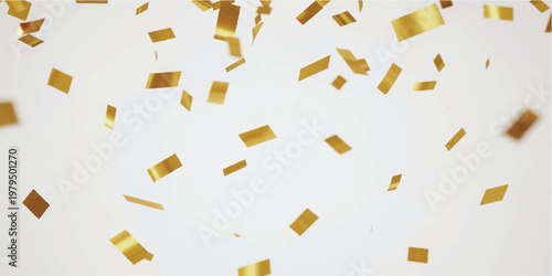Shiny gold rectangular confetti pieces falling against a plain white background creating a festive celebration atmosphere with scattered metallic paper shapes in various sizes and orientations