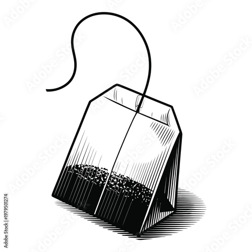 A detailed illustration of a teabag with a string showcasing a clean dark silhouette