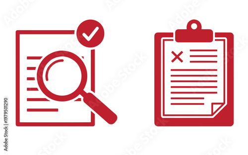 Red of approved and rejected documents with magnifying glass and clipboard red document approved document